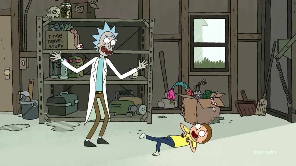 Závěr dílu v garáži: Morty se svíjí na podlaze po účinku megasemen a Rick nad ním nadšeně slibuje další dobrodružství. Ve stejném záběru je vidět, jak málo mu na vnukově stavu záleží.